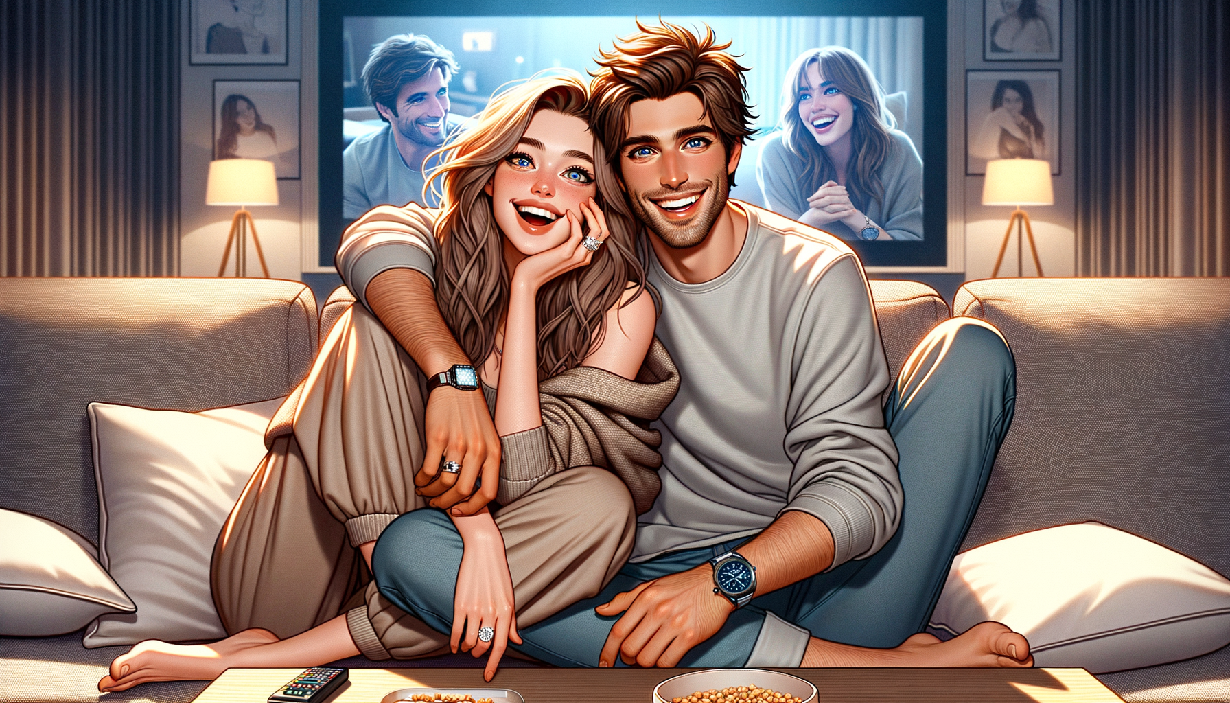 **Image Description for Daisy and Danny Doaker:** - **Theme and Setting:** The image should depict Daisy and Danny Doaker in their cozy kitchen, enjoying making a meal together. This scene reflects the theme of togetherness and enjoyment in their marriage. - **Character Appearance:** - **Daisy Doaker:** - Age: Mid-thirties. - Hair: Long, flowing light brown hair with sun-kissed highlights, styled casually. - Eyes: Normal-sized bright blue eyes, cheerful expression. - Attire: Casual, soft, neutral-toned outfit, perhaps a comfortable sweater and jeans. - Accessories: Prominent diamond engagement ring and wedding band on her left hand, stylish smartwatch. - **Danny Doaker:** - Age: Mid-thirties. - Hair: Dark brunette, casual and slightly tousled. - Eyes: Normal-sized bright blue eyes, smiling. - Attire: Comfortable casual clothing in soft, neutral tones, such as a t-shirt and joggers. - Accessories: Wedding ring, modern smartwatch. - **Body Language:** Both characters should exhibit relaxed, confident body language. Daisy could be leaning slightly towards Danny, with a big smile, while Danny may have his arm around her shoulder, looking at her with an affectionate expression. - **Background Elements:** - The kitchen and cooking area should be depicted in soft pastels, with a big screen showing a relatable movie scene or a playful abstract design for visual interest. - Include cozy elements like gas stove, modern appliances, computer screen, a snack bowl, and soft lighting to create an inviting atmosphere that emphasizes their happiness. - **Art Style:** - The overall art style should be high-resolution, photorealistic yet cartoon-like, maintaining a playful and accessible vibe. - Ensure sharpness and clarity, especially in facial expressions and character details. - Use bright colors for the characters to make them stand out against the softer-toned background. - **Watermark:** Ensure a subtle watermark with "Chicamus" is included in a non-obtrusive corner to protect copyright.